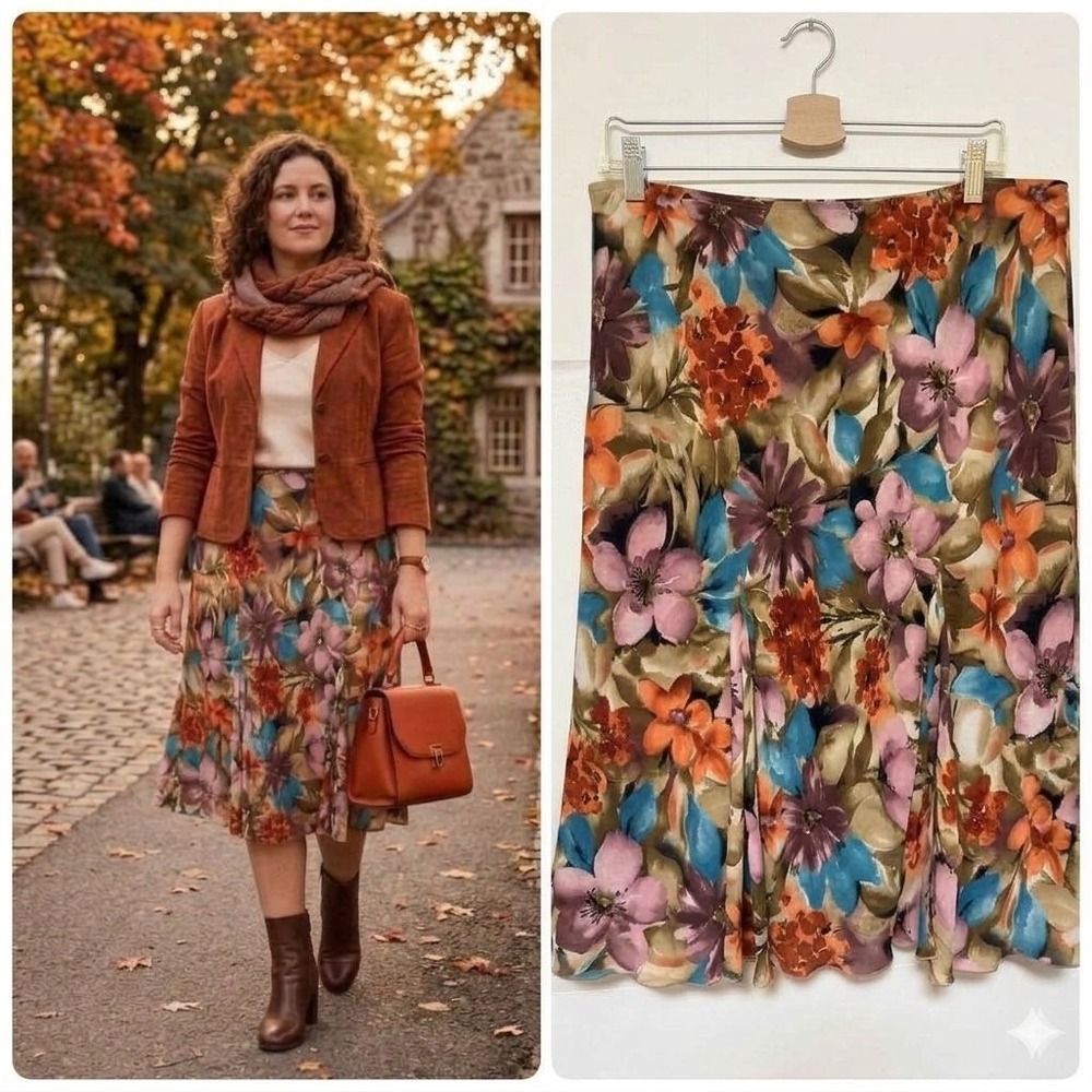 Versailles Women Sz L Floral Midi Skirt A-Line Fall Fairy Chic Boho Cottage 90's